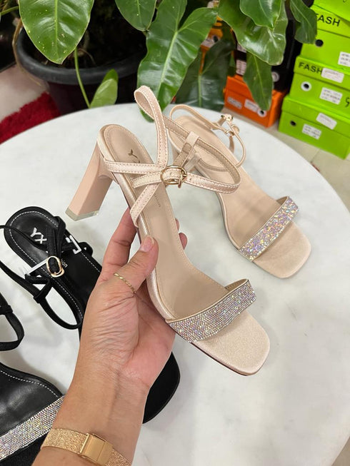Rhinestone Embedded Buckle Straps Heels